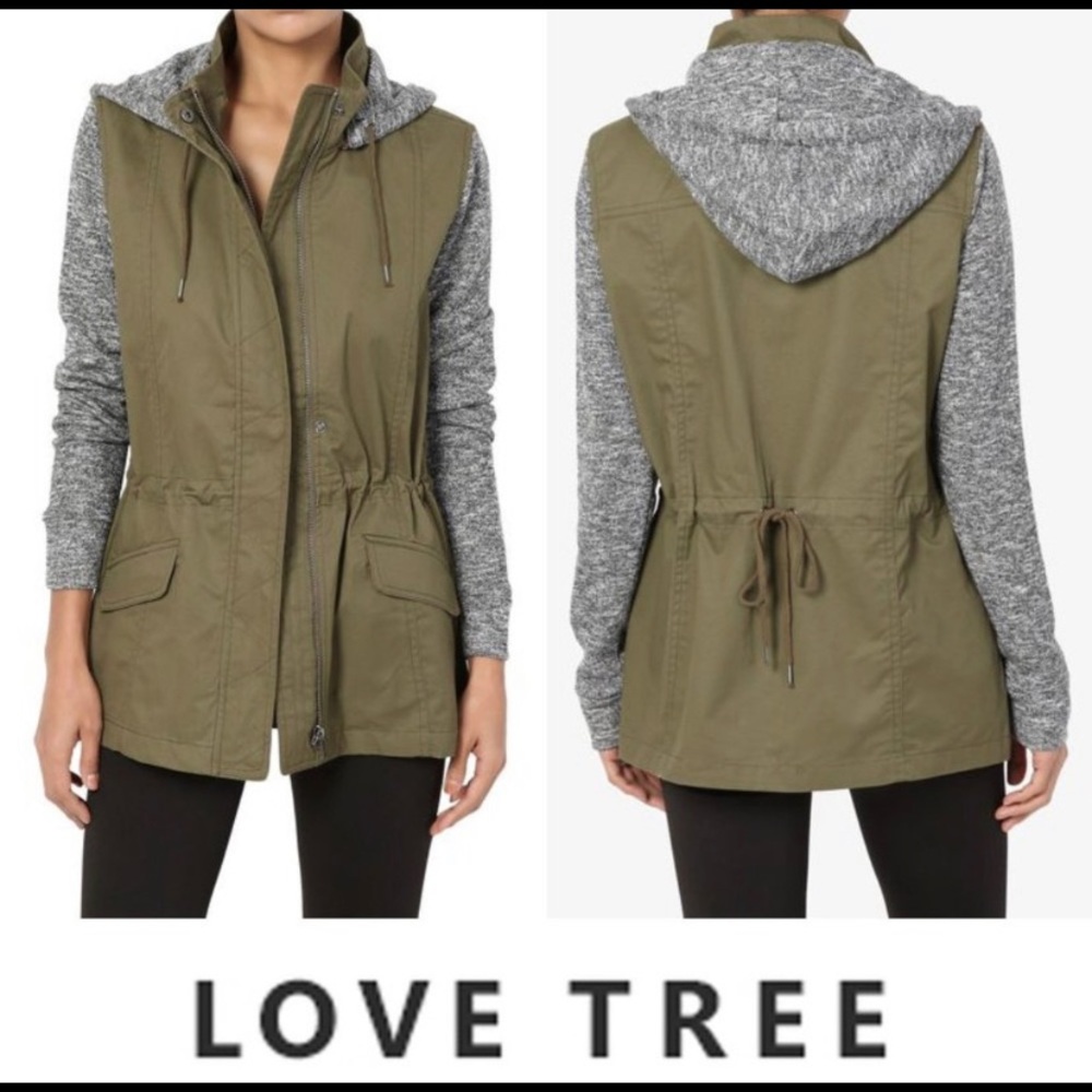 LoveTree Marled Sleeve Hooded Utility Jacket Olive